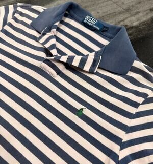 Polo by Ralph Lauren Mens Medium Blue White Striped Polo Shirt Green Pony Cotton